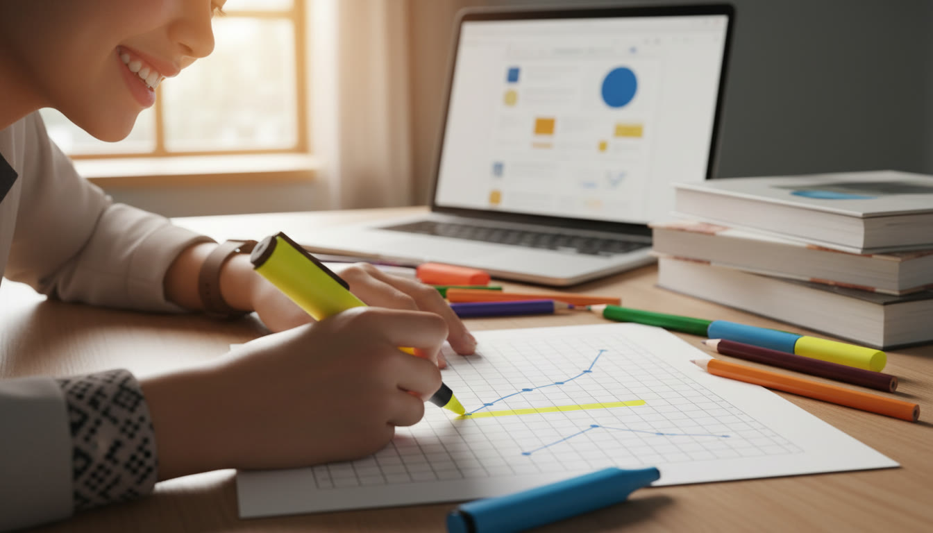 Photo Idea : Close-up of a student annotating a printout of a graph with a highlighter