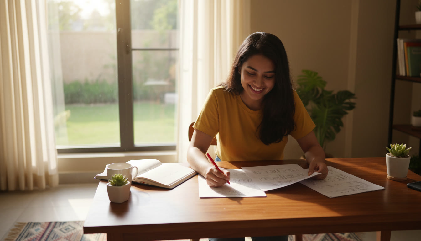 Photo Idea : Student reviewing a mock test with a notebook for error logging