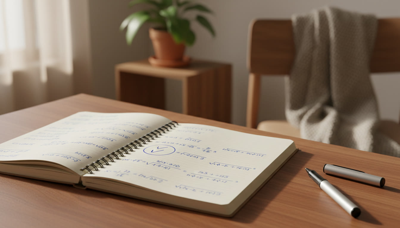 Photo Idea : Close-up of a student’s notebook showing neatly written multi-step solutions and a circled final answer with a small checklist ticked