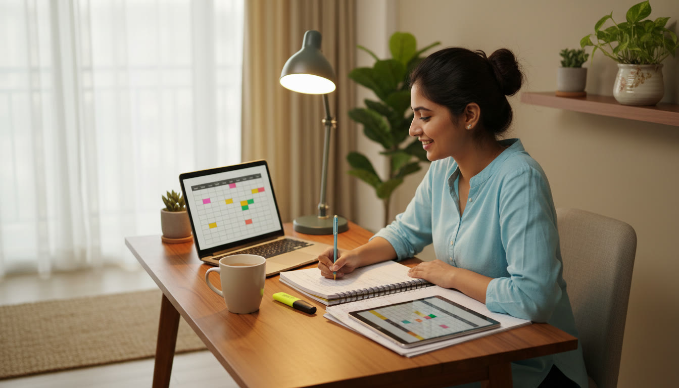 Photo Idea : A focused student at a desk with textbooks, notes, and a laptop showing a study timetable