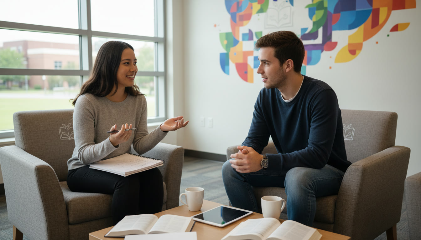 Photo Idea : Two students rehearsing a mock university interview with one holding notes and the other listening intently