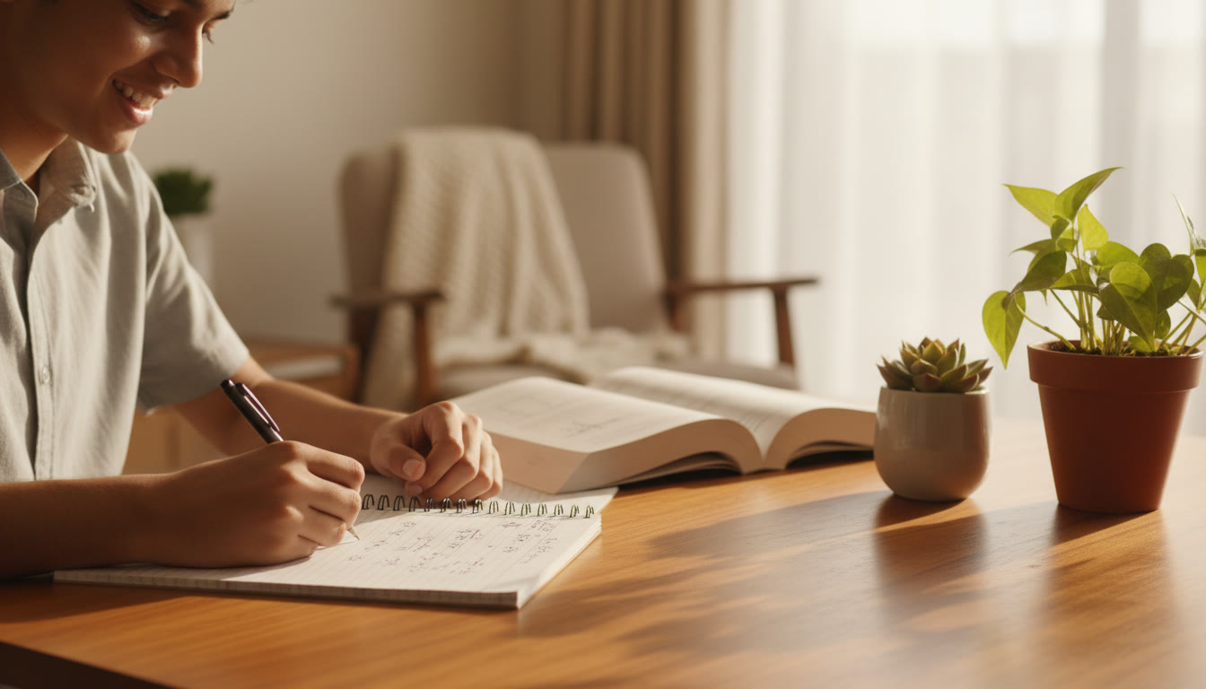 Photo Idea : Close-up of a student writing equations on paper with a physics textbook open