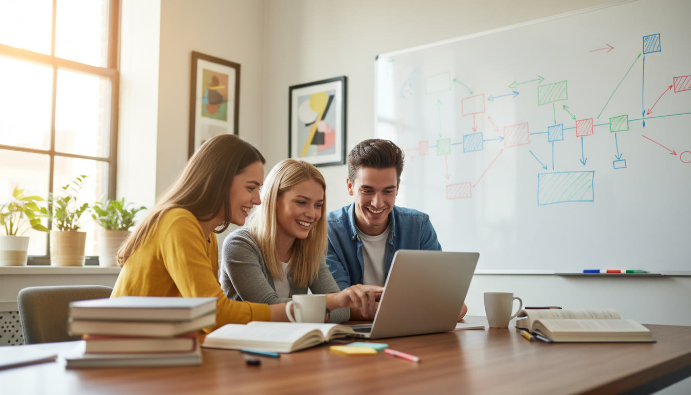 Photo Idea : Small group of students gathered around a laptop mapping an Extended Essay timeline on a whiteboard