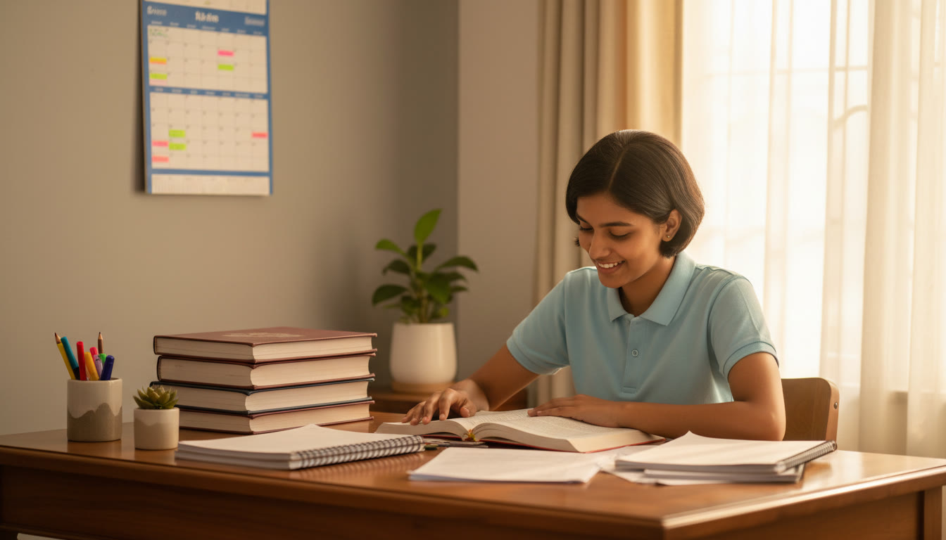 Photo Idea : A focused Class 10 student studying at a tidy desk with textbooks, notebooks, and a visible calendar with a study plan