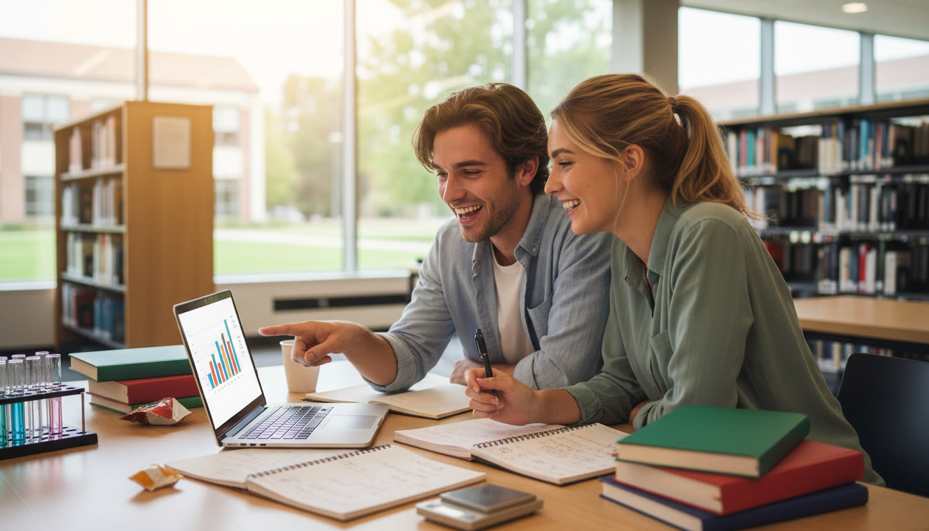 Photo Idea : Two students collaborating at a table, one pointing at data on a laptop while books and lab notes are spread out