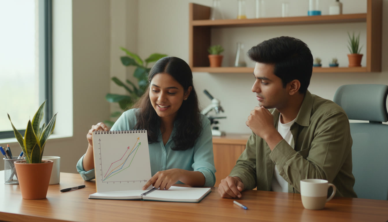 Photo Idea : A student pointing to a neat graph in a lab notebook while explaining it to a peer