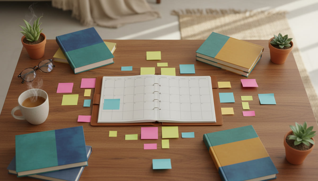 Photo Idea : A flat-lay of a weekly planner, subject books, and sticky notes showing a balanced weekly study plan.