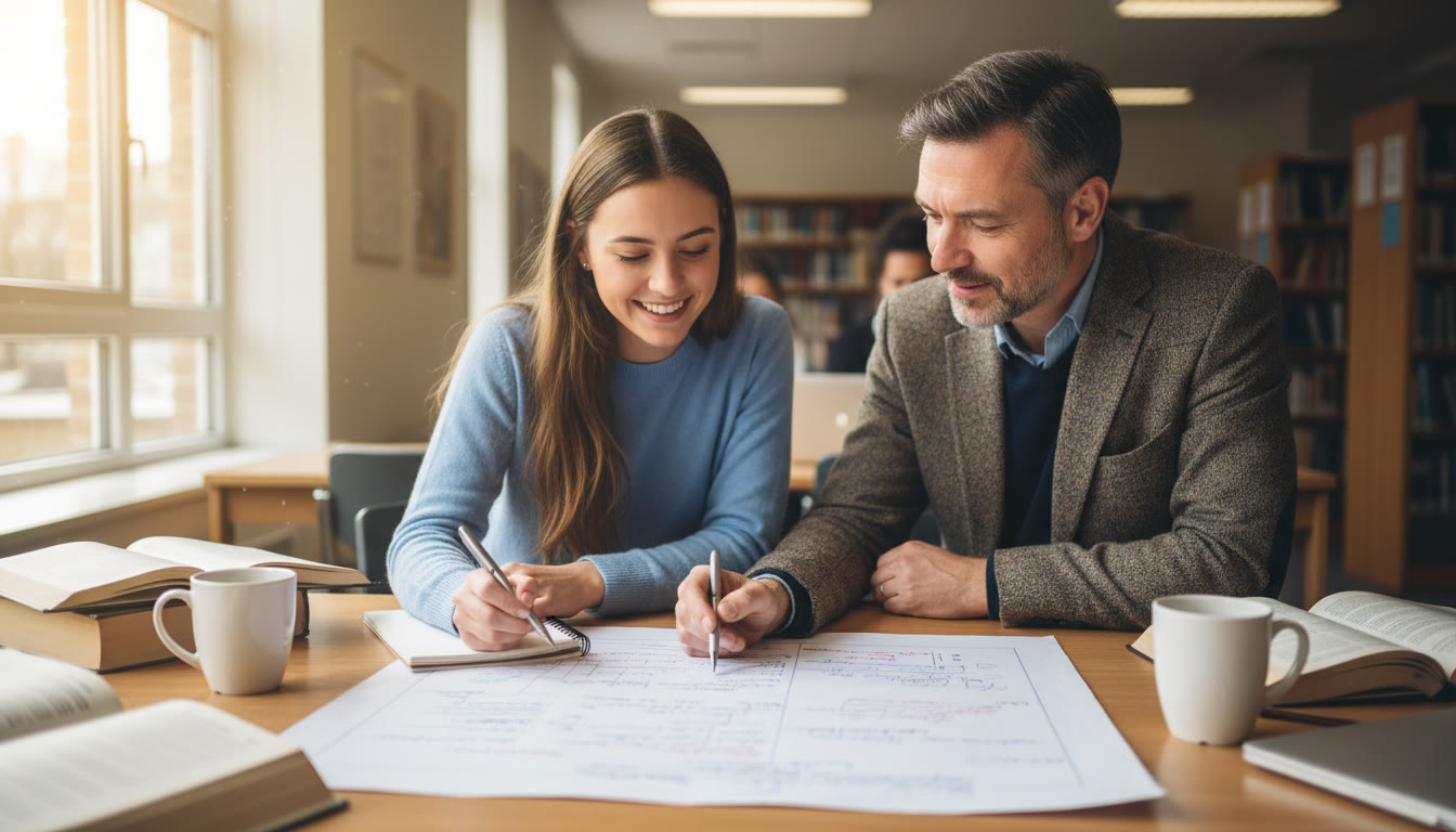 Photo Idea : student and supervisor across a table, pointing at a printed draft and making notes