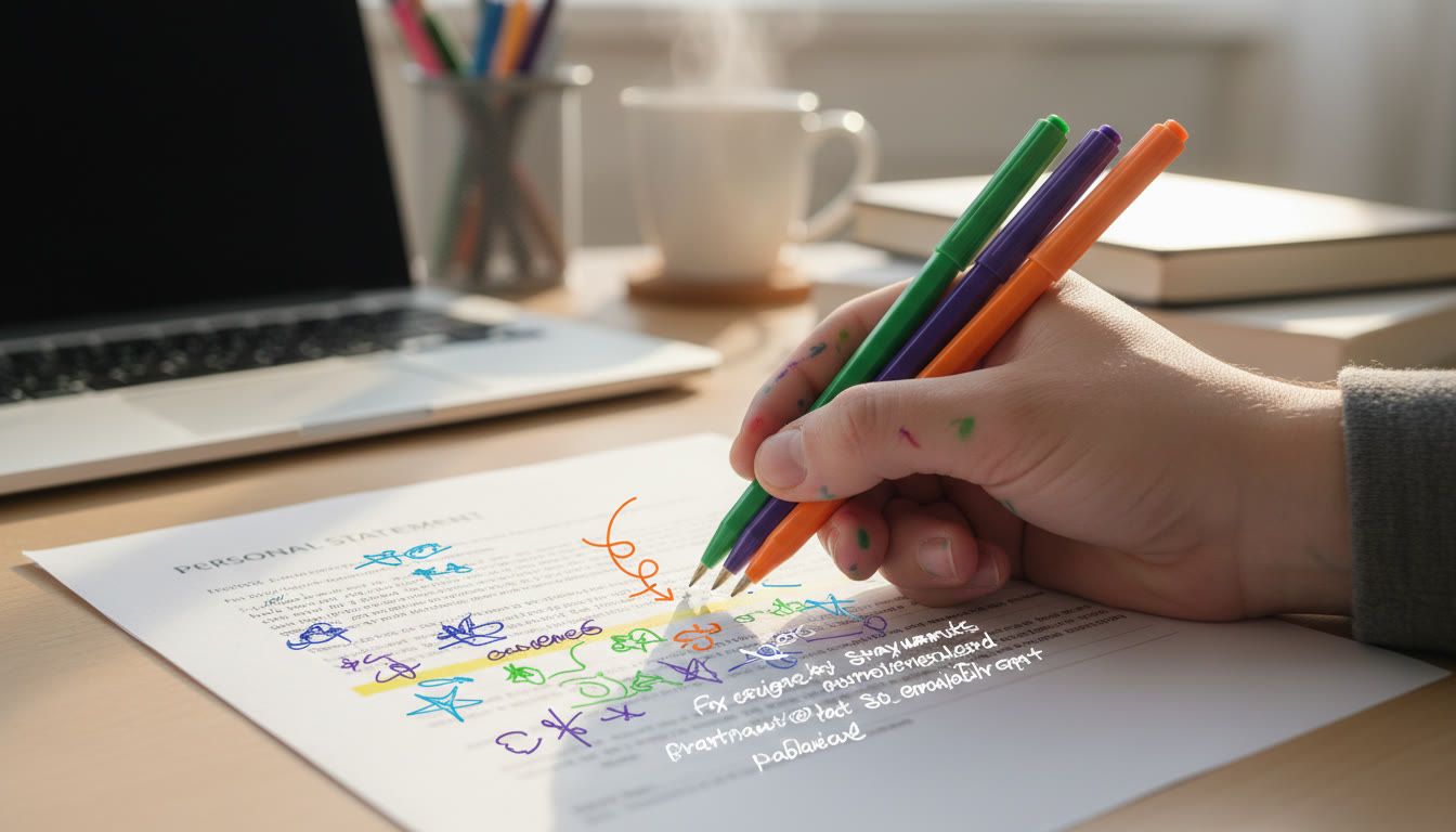 Photo Idea : Close-up of a hand annotating a printed personal statement with colorful notes