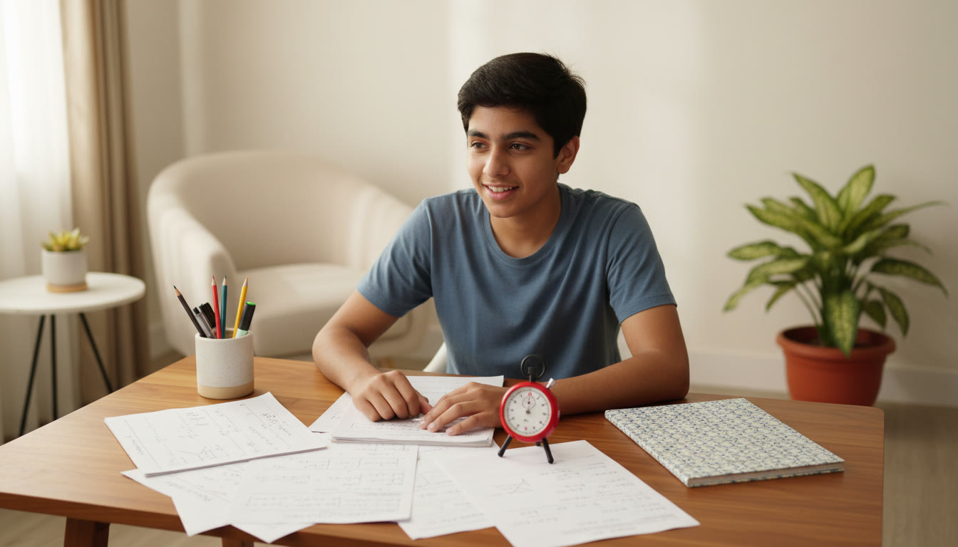 Photo Idea : A focused student at a desk with a stopwatch, scattered practice sheets, and a notebook titled "Error Log"