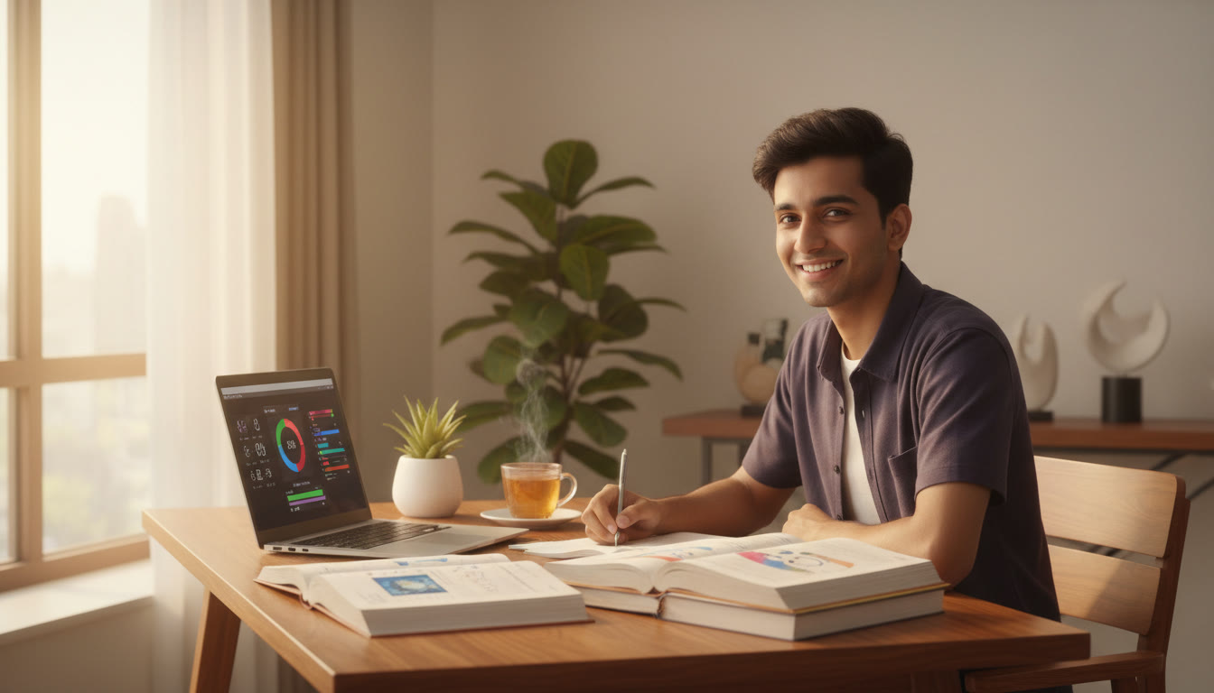 Photo Idea : Student at a desk with NEET textbooks, a laptop displaying a mock test timer, and a cup of tea