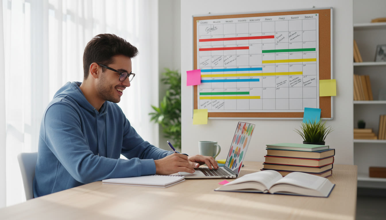 Photo Idea : Student at a desk with a laptop and a wall calendar marked with color-coded weekly goals