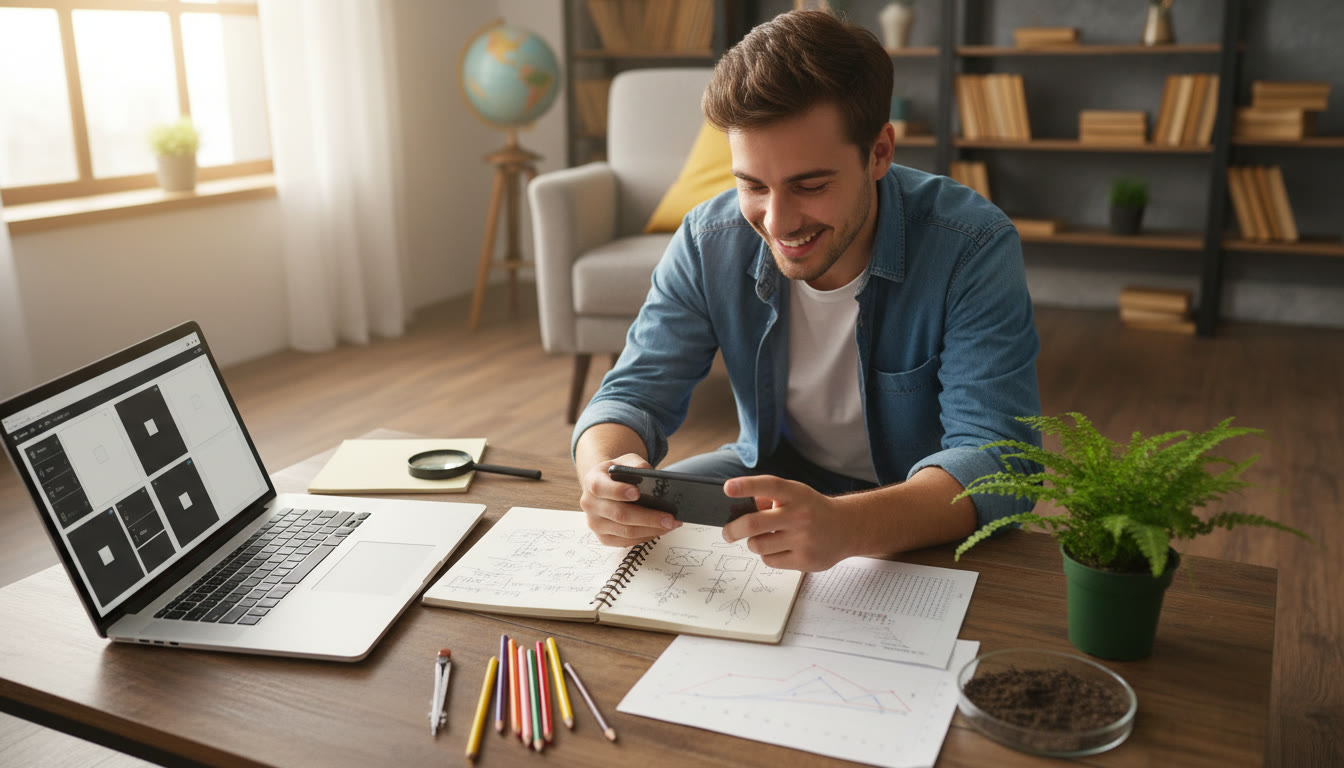 Photo Idea : A student photographing field notes and a data sheet beside a laptop, preparing portfolio entries