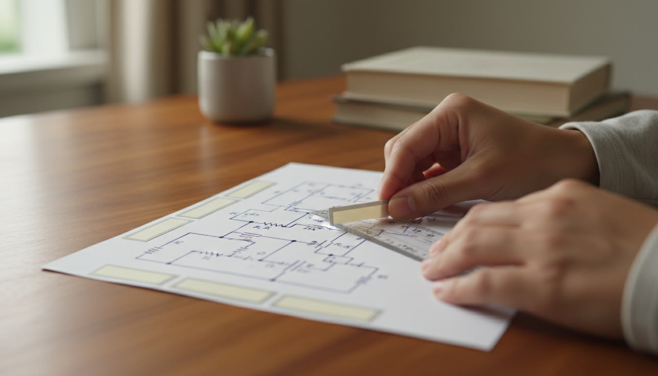 Photo Idea : Close-up of a student’s hand adding neat labels to a physics circuit diagram with a ruler