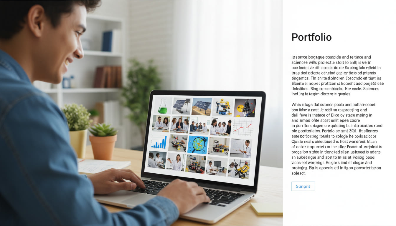 Photo Idea : A dropdown of portfolio thumbnails on a laptop screen showing science projects, graphs and workshop photos
