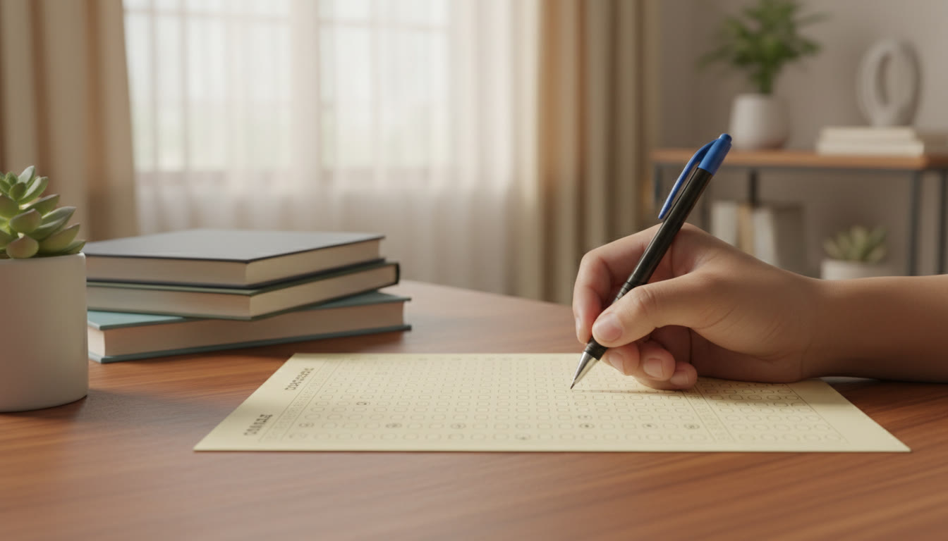 Photo Idea : Close-up of an OMR sheet and a hand marking an answer with disciplined pen technique