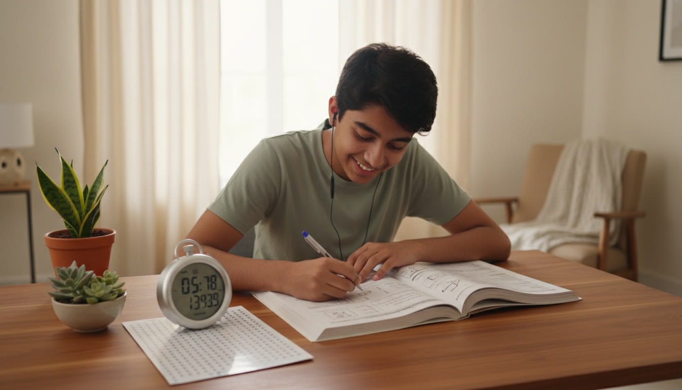 Photo Idea : A focused student at a desk doing a timed mock test with a stopwatch and blank OMR sheet nearby