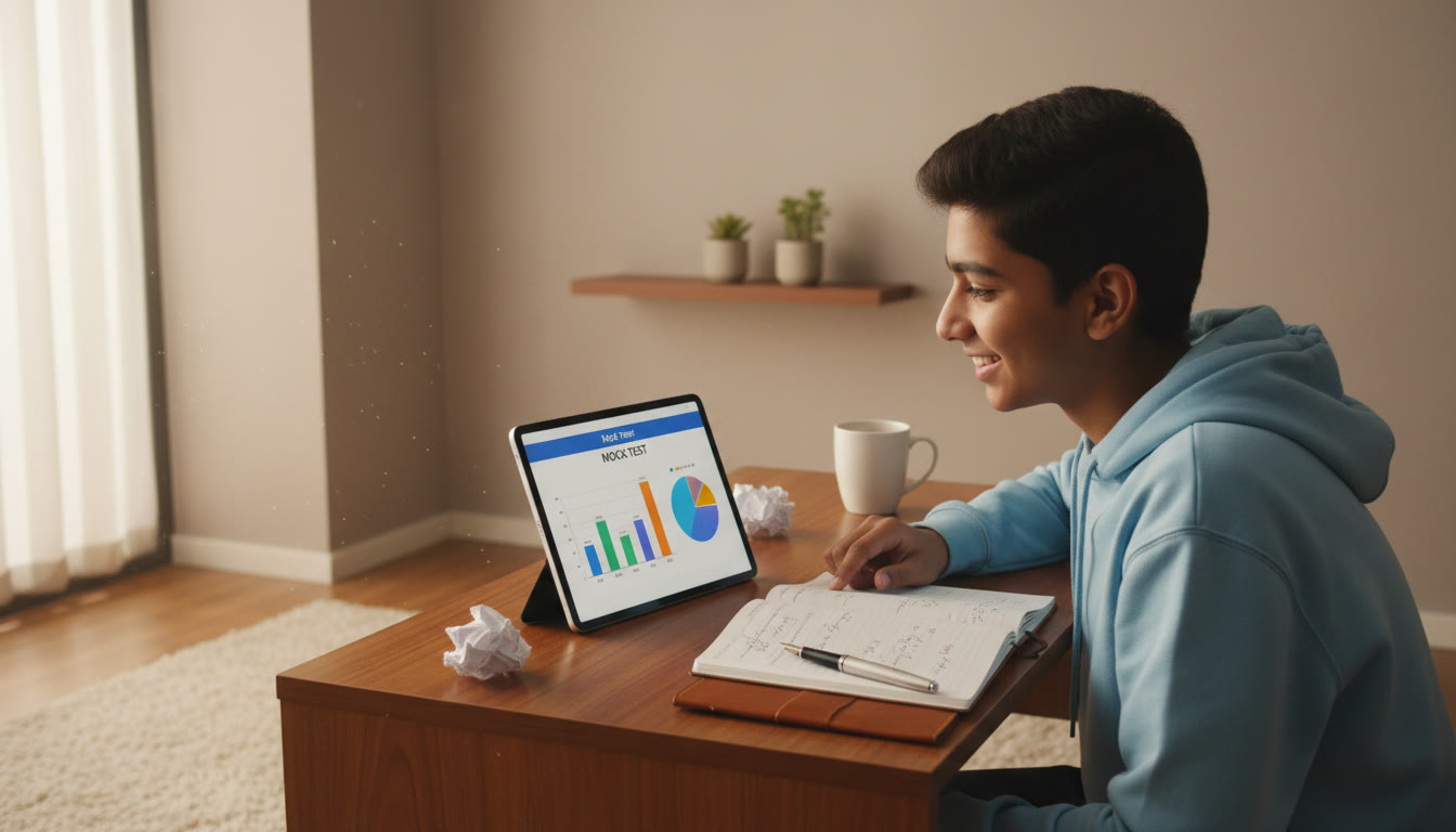 Photo Idea : A student analyzing a colorful mock test scorecard on a tablet with notes and a pen nearby