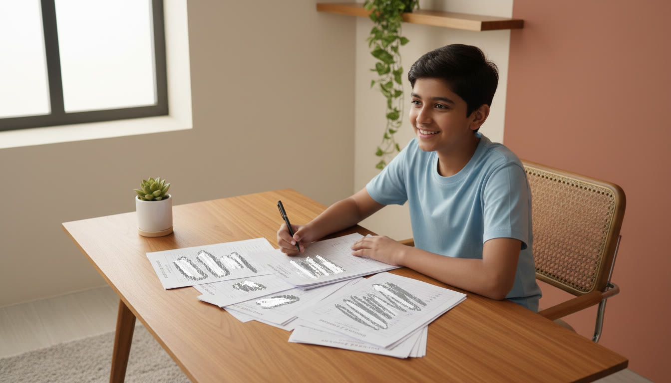 Photo Idea : Student at a desk with sample papers spread out, pen in hand, and a timetable beside them