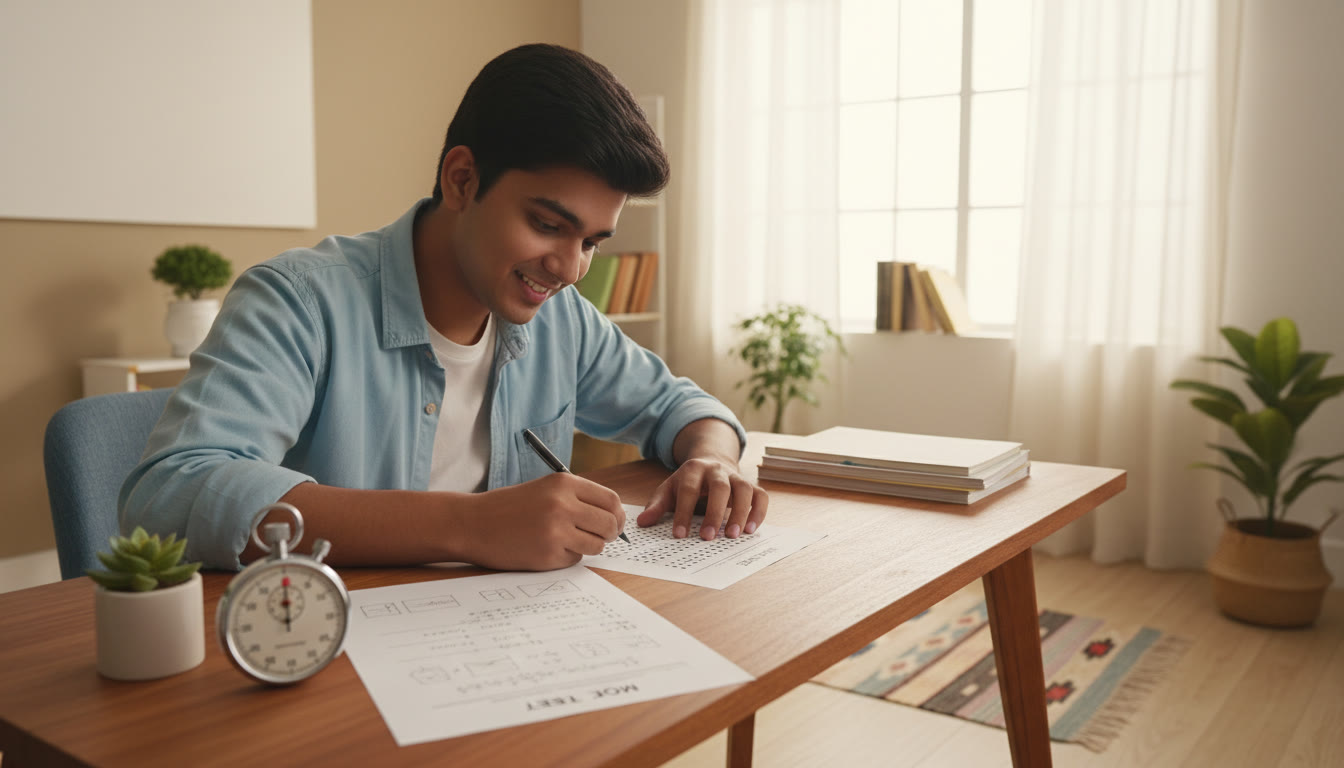 Photo Idea : A stopwatch beside a mock test paper, with a student filling an OMR sheet in a quiet test room