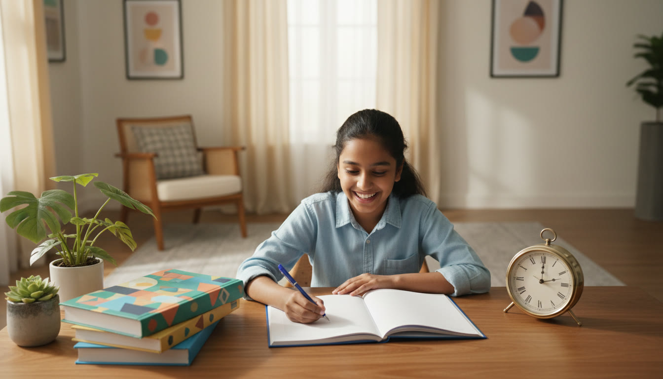 Photo Idea : A student sitting at a desk with an open answer book, clock, pen, and textbooks, practicing a timed long-answer