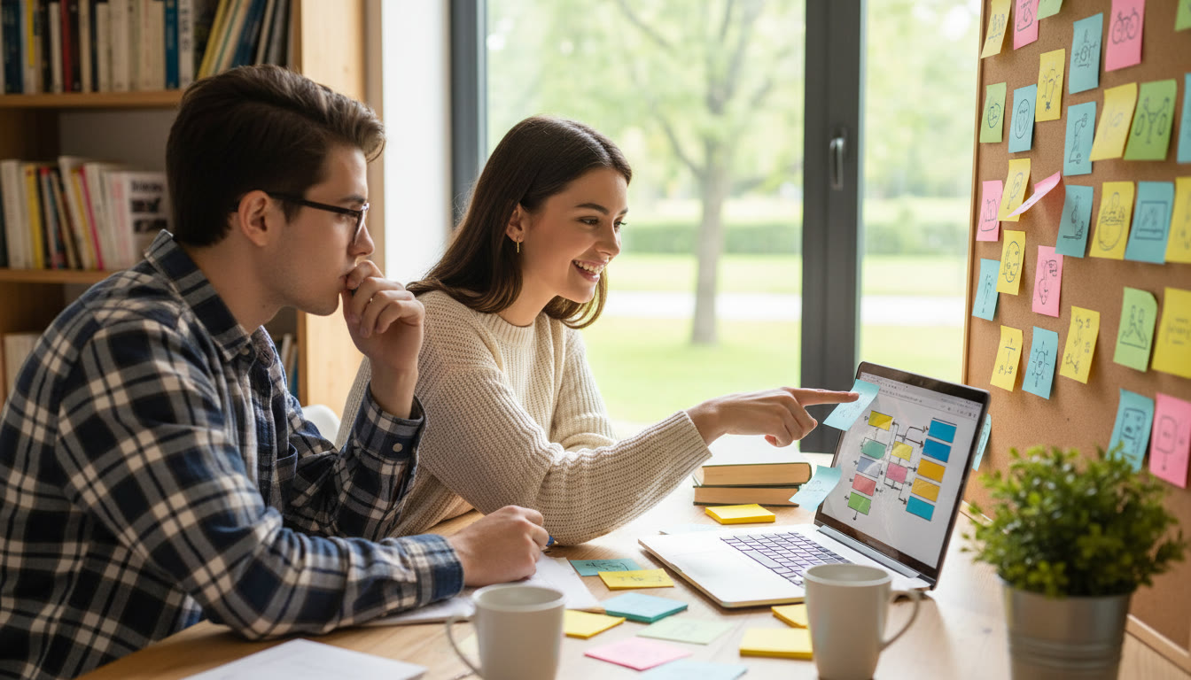 Photo Idea : Two students planning a small community workshop with sticky notes and a laptop