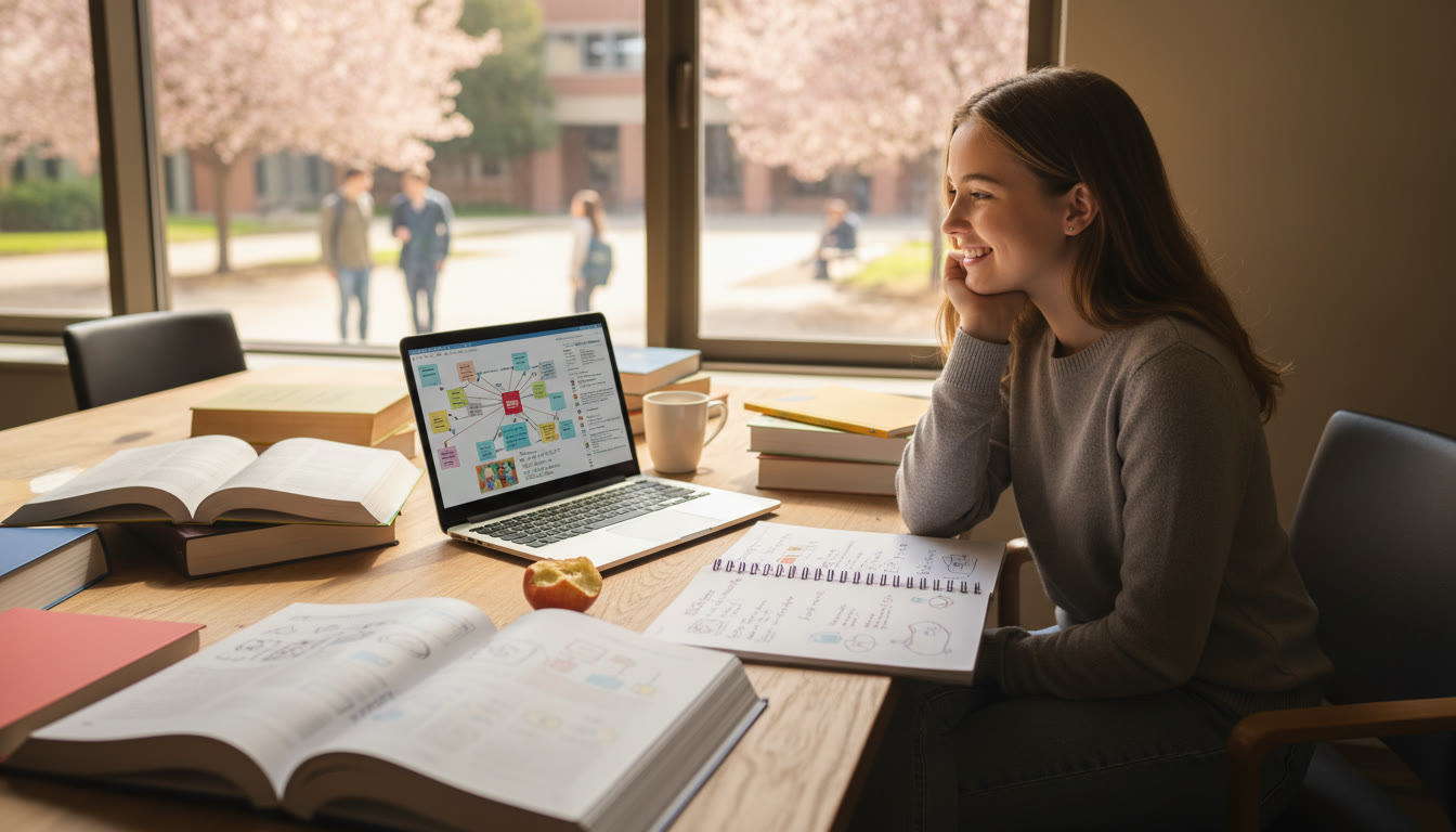 Photo Idea : a DP2 student at a desk surrounded by open textbooks, laptop with notes, and a notebook titled "Majors & Ideas"