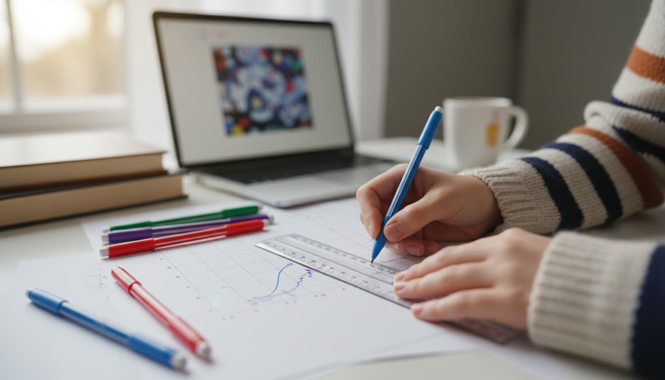 Photo Idea : Close-up of a student annotating a graph with a ruler and colored pens