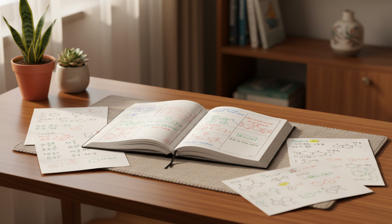 Photo Idea : A neat error-log notebook open with color-coded entries and solved sheets spread around