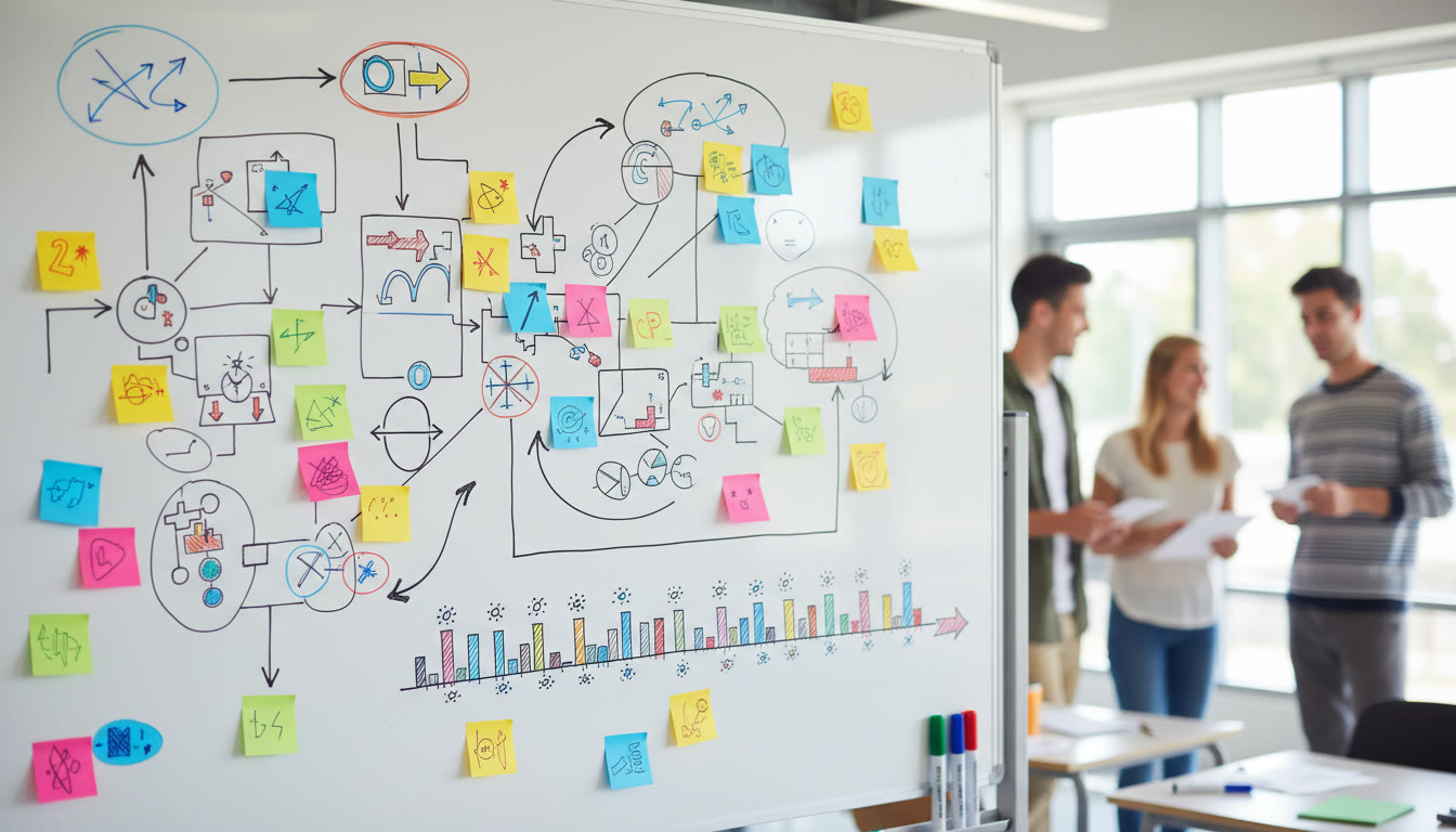 Photo Idea : close-up of annotated outline on a whiteboard with sticky notes and timeline