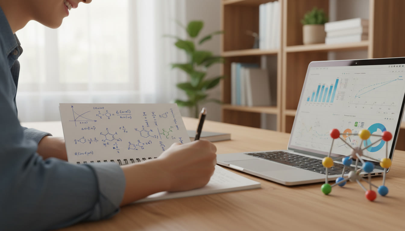 Photo Idea : [Close-up of hands writing equations on a notebook beside a laptop and a small 3D-printed model]