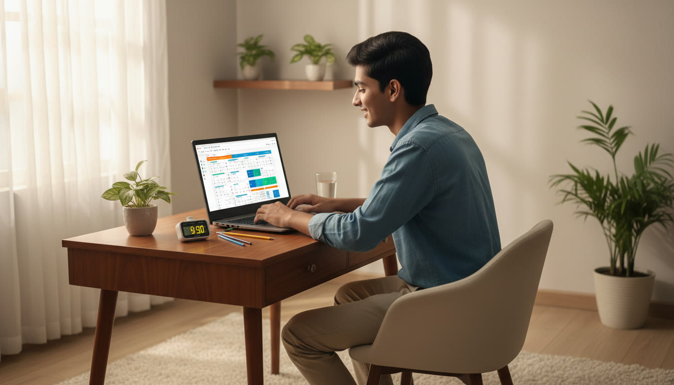 Photo Idea : A student at a desk in exam-mode, stopwatch visible, laptop showing a full-length mock test interface, focused expression