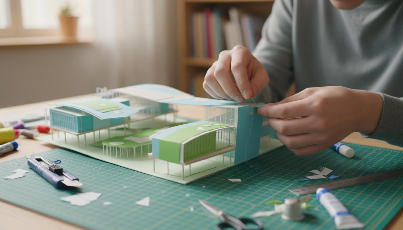 Photo Idea : Close-up of hands stitching a physical model together on a cutting mat with tools scattered nearby