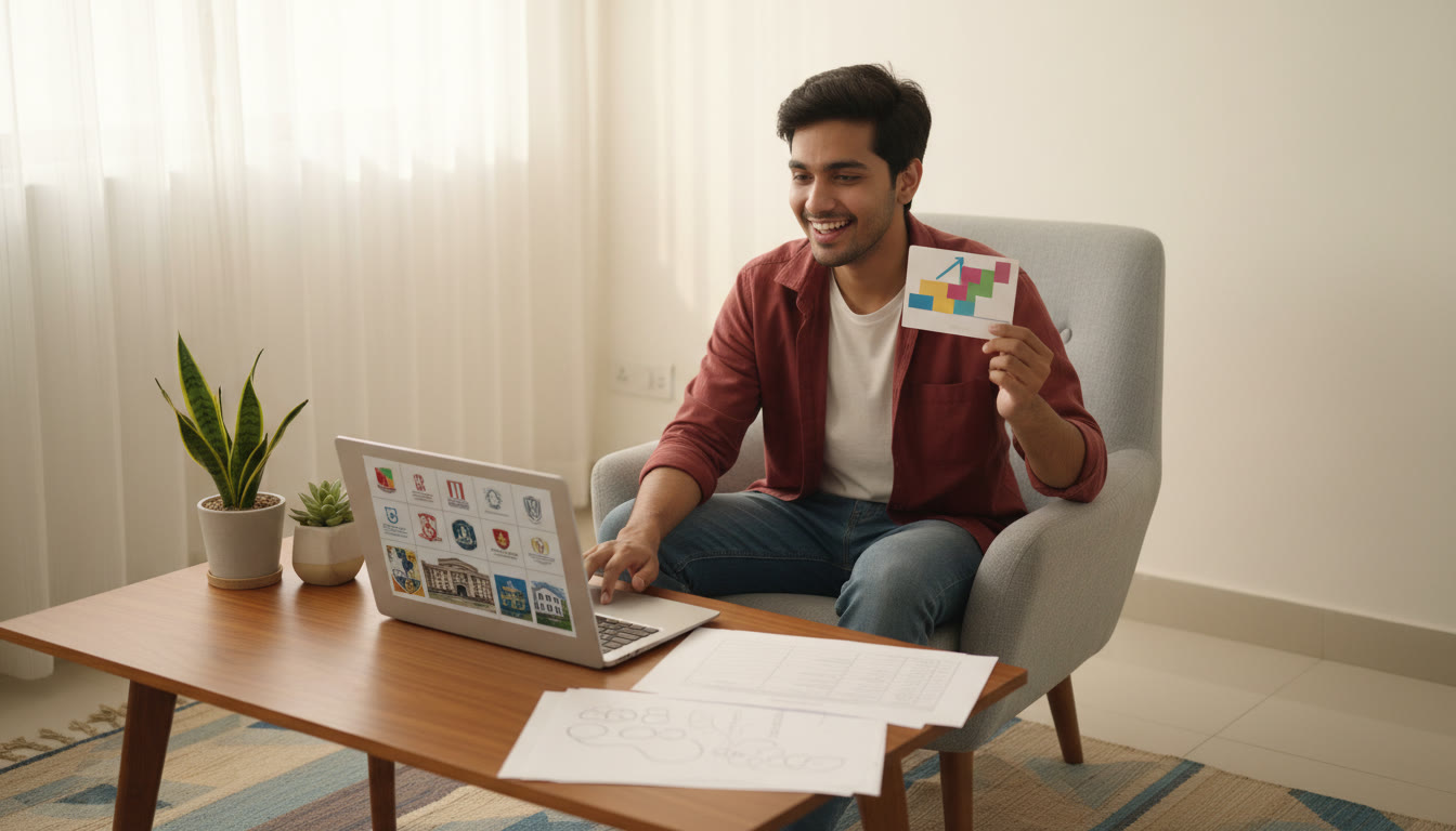 Photo Idea : Student holding a rank card and laptop while reviewing a list of colleges