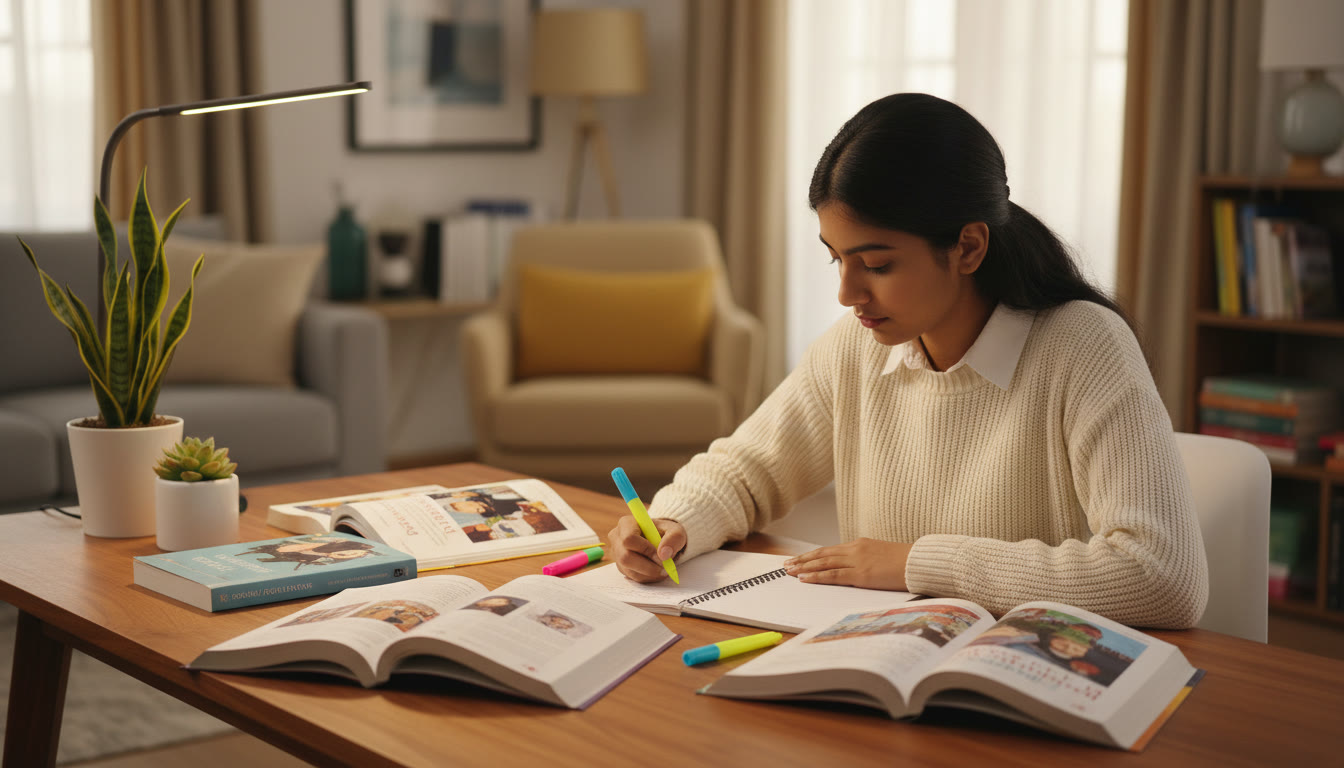 Photo Idea : A focused student at a study table surrounded by English textbooks, open notebook, and colored highlighters.