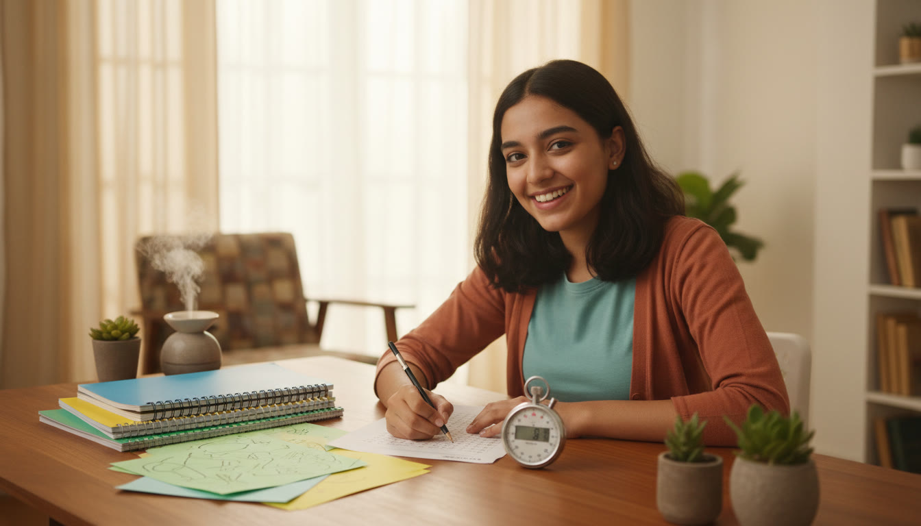 Photo Idea : Student marking answers on a mock test paper with a stopwatch and color-coded notes nearby