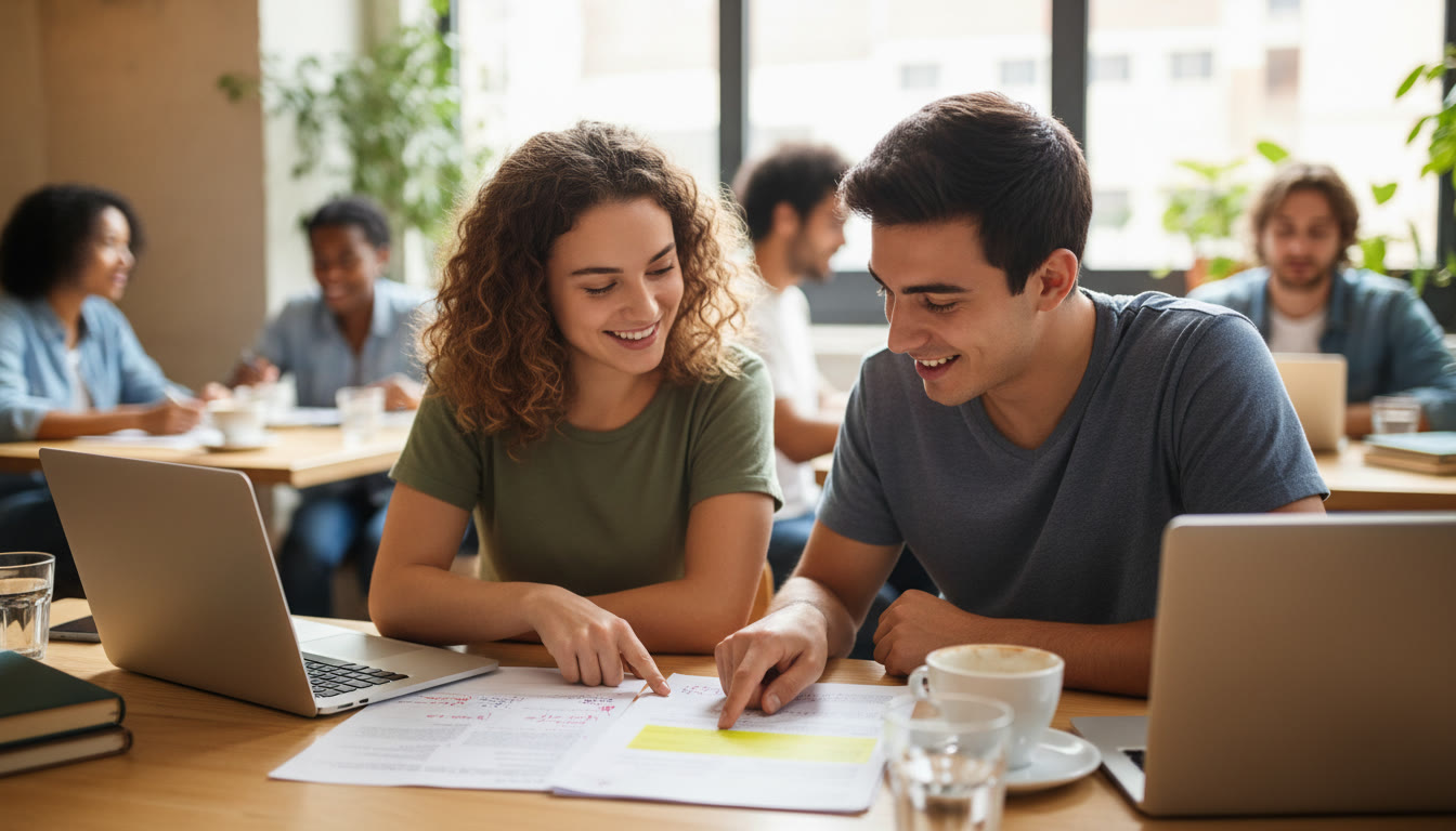 Photo Idea : Two students discussing a marked paper at a cafe table, one pointing to a highlighted paragraph