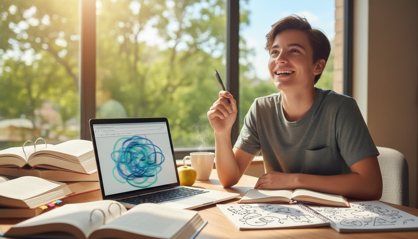Photo Idea : A student at a desk surrounded by open books, a laptop with a search screen visible, and a notebook with handwritten notes