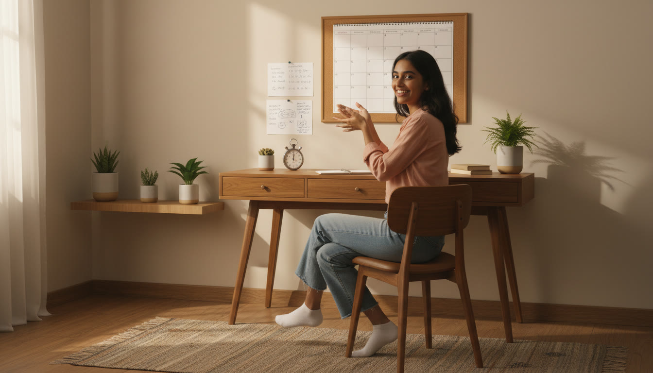 Photo Idea : Student at a tidy desk with calendar, notes, and a stopwatch