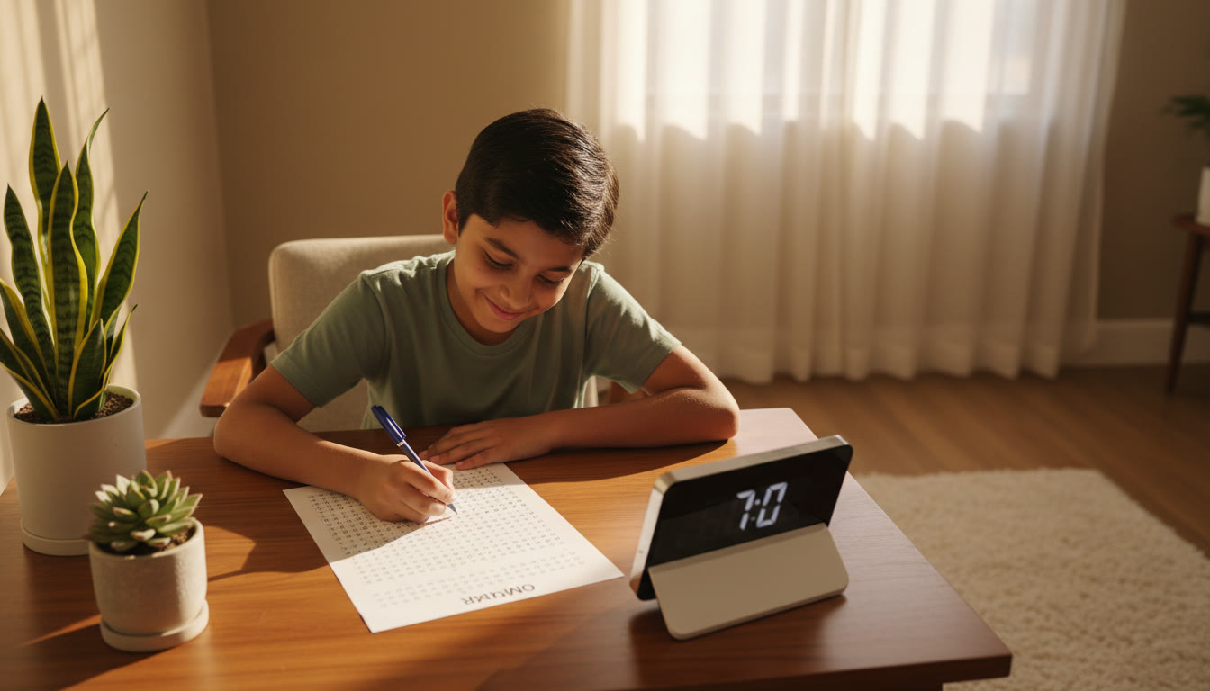 Photo Idea : Student marking answers on a mock OMR sheet with a timer nearby