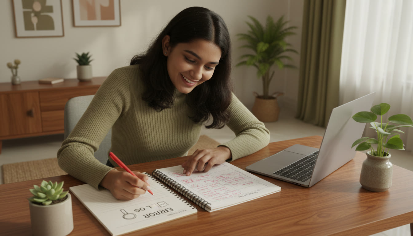 Photo Idea : A student analyzing a marked mock test with a red pen and a notebook for error log