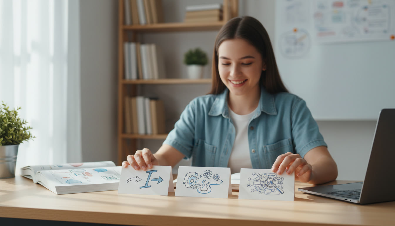 Photo Idea : student at a tidy desk arranging index cards titled 