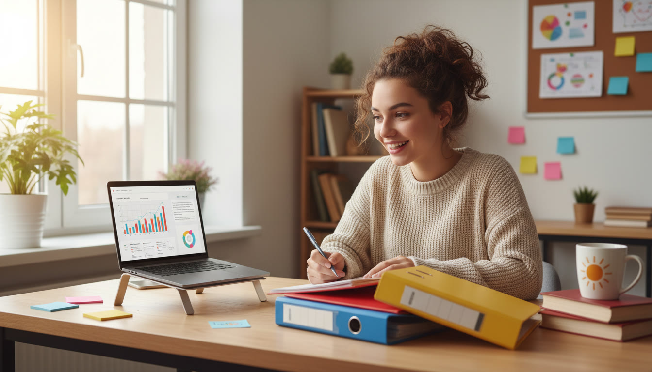 Photo Idea : A focused student at a desk with color-coded notebooks labelled EE, IA and TOK, sticky notes and a laptop open to research