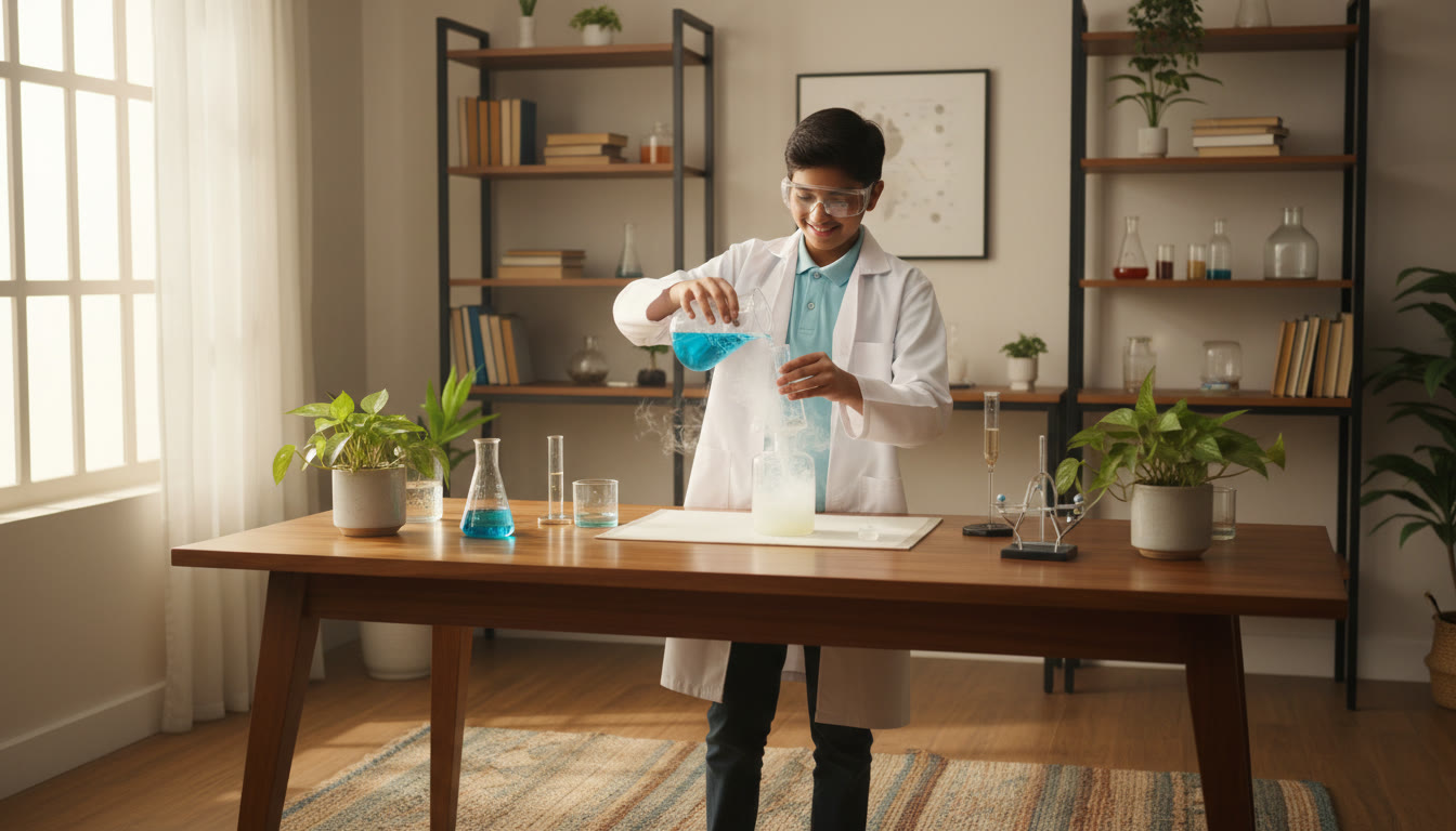 Photo Idea : Student demonstrating a simple chemistry experiment with beakers and safety goggles
