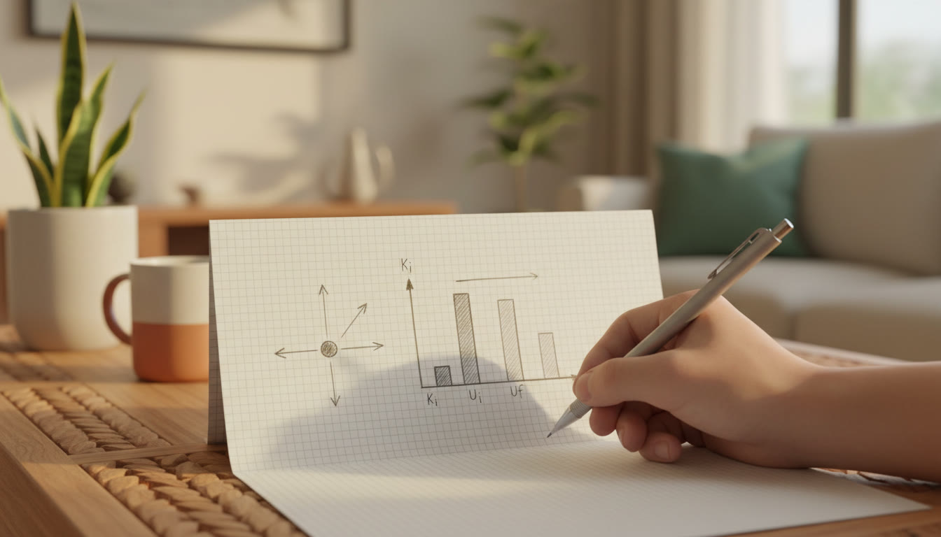 Photo Idea : Close-up of a hand drawing a free-body diagram and energy bar chart on graph paper