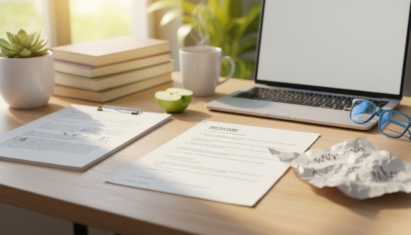 Photo Idea : Close-up of a tidy student desk with a typed resume, a handwritten note, and a printed personal statement draft