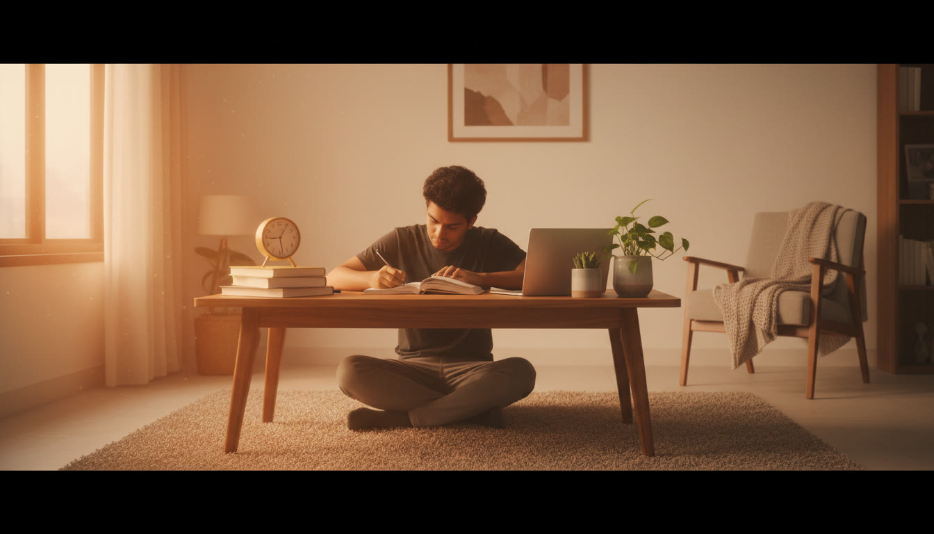 Photo Idea : Student studying at a tidy desk with warm early-morning light, open books, and a clock showing early hours