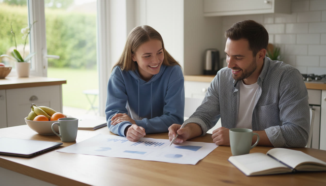 Photo Idea : Student and tutor reviewing a one-page research summary at a kitchen table