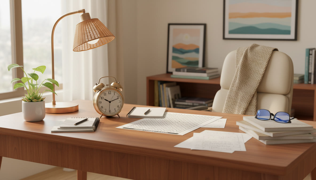 Photo Idea : A calm study desk with a mock OMR sheet, a ticking clock, and neatly arranged notes