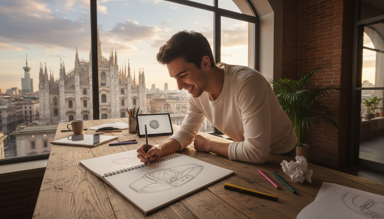 Photo Idea : A student sketching a product prototype on a wooden desk with a Milan cityscape visible through a window